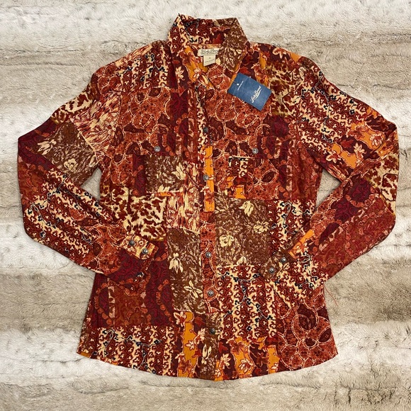 ✨SOLD✨NWT🍁Lucky Brand 100% Silk Jane patchwork Visit top boho western button - Picture 2 of 8